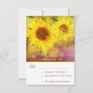 ~* Wine Purple Rustic Sunflower Wedding RSVP Card