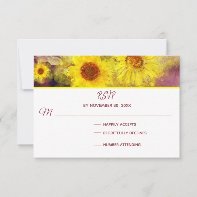 *~*  Wine Purple Rustic  Sunflower  Wedding RSVP Card (Front)