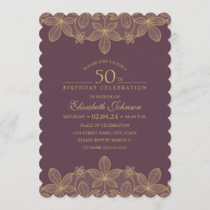 Wine Red 50th Birthday Party Unique Golden Lace Invitation