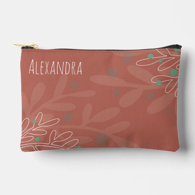 Wine red abstract floral name text accessory pouch (Front)
