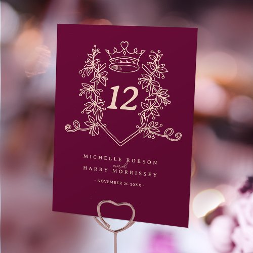Wine red and light peach heart crown wedding  table number