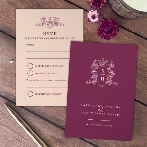 Wine red and peach crown wedding Response Card