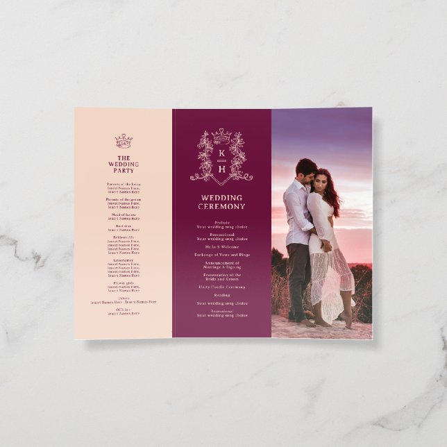 Wine red and peach monogram wedding program  brochure (Inside)