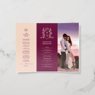 Wine red and peach monogram wedding program brochure