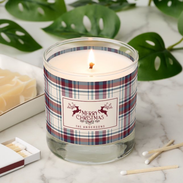 Wine Red Beige Buffalo Plaid Reindeers Christmas Scented Candle (Lit)
