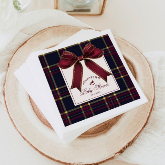 Wine Red Bow Rocking horse plaid Baby Shower Napkins (Creator Uploaded)
