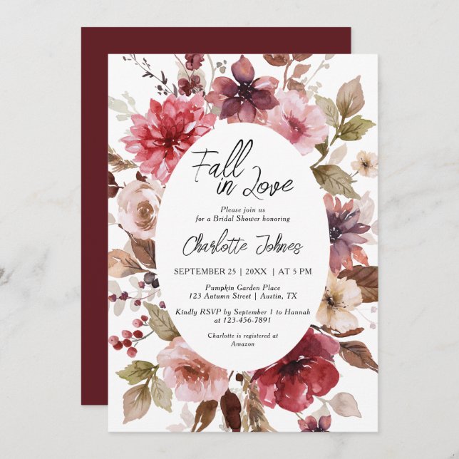 Wine Red Fall in Love Blush Burgundy Bridal Shower Invitation (Front/Back)