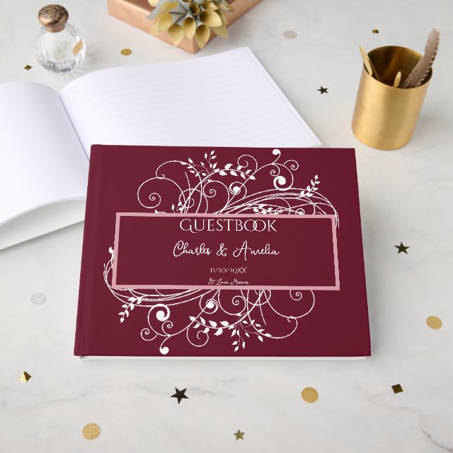 Wine Red Flourish Wedding Guest Book (Front Open)