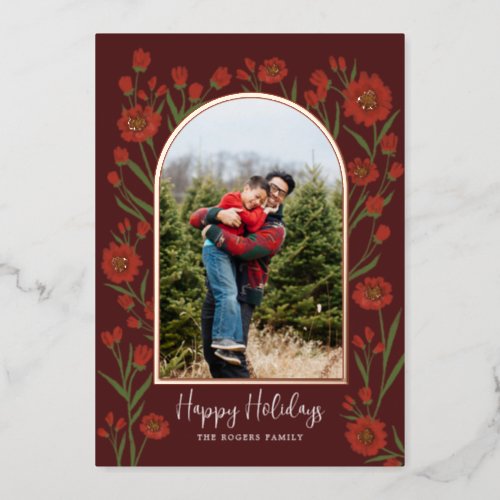 Wine Red Flowers Boho Arched Photo Holiday Card