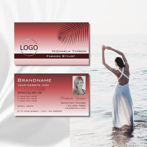 Wine Red Gradient Palm Leaf Logo and Photo Modern Business Card