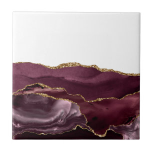 Wine Red Marble Agate Golden Glitter Stylish Glam Ceramic Tile