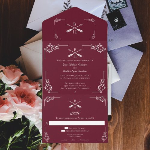 Wine Red Monogram and Arrows Wedding All In One Invitation