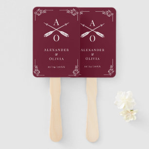 Wine Red Monogram and Arrows Wedding Favor Hand Fan