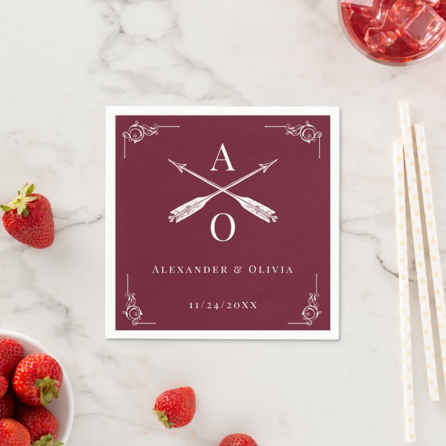 Wine Red Monogram and Arrows Wedding Napkins (Insitu)
