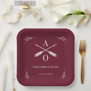 Wine Red Monogram and Arrows Wedding Paper Plates