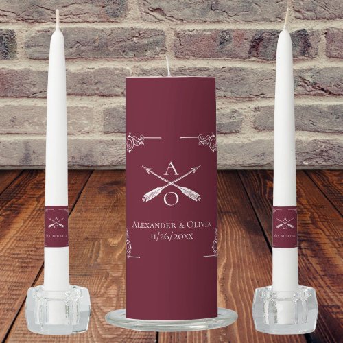 Wine Red Monogram and Arrows Wedding Unity Candle Set