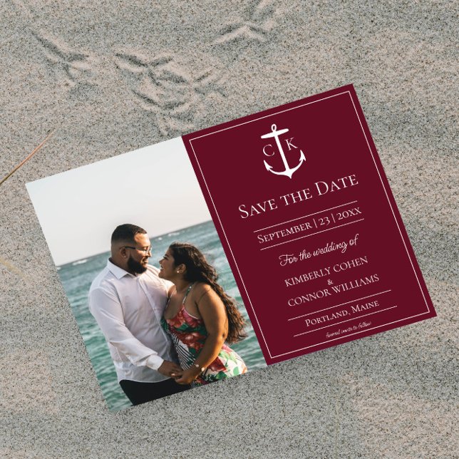 Wine Red Nautical Monogram Photo Save the Date (Wine Red Nautical Monogram Photo Save the Date)