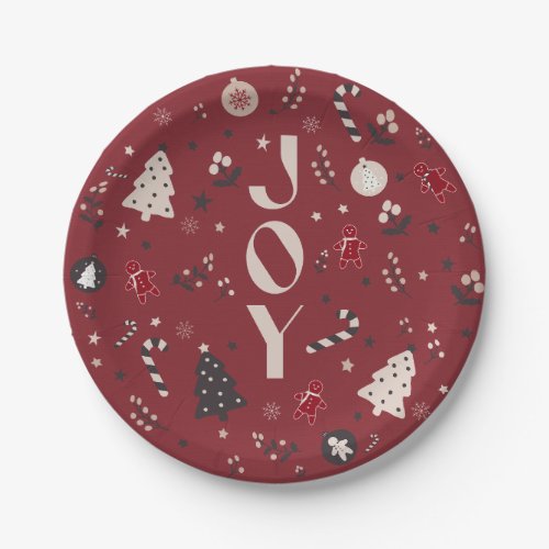 Wine Red Nordic Joy Christmas Tree Candy Cane Bell Paper Plates