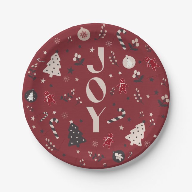 Wine Red Nordic Joy Christmas Tree Candy Cane Bell Paper Plates (Front)