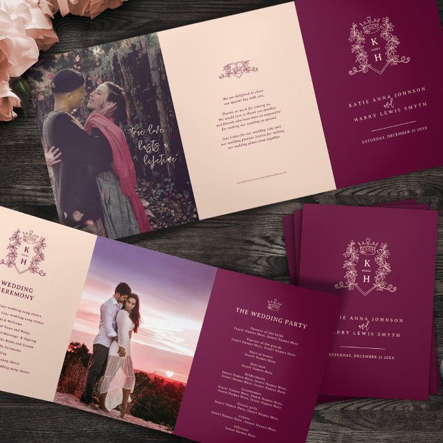 Wine red peach photo crown monogram wedding Tri-Fold program (Creator Uploaded)