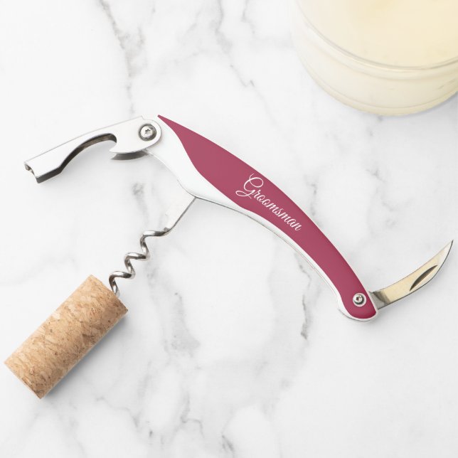 Wine Red Personalized Wedding Groomsman Waiter's Corkscrew (Front)