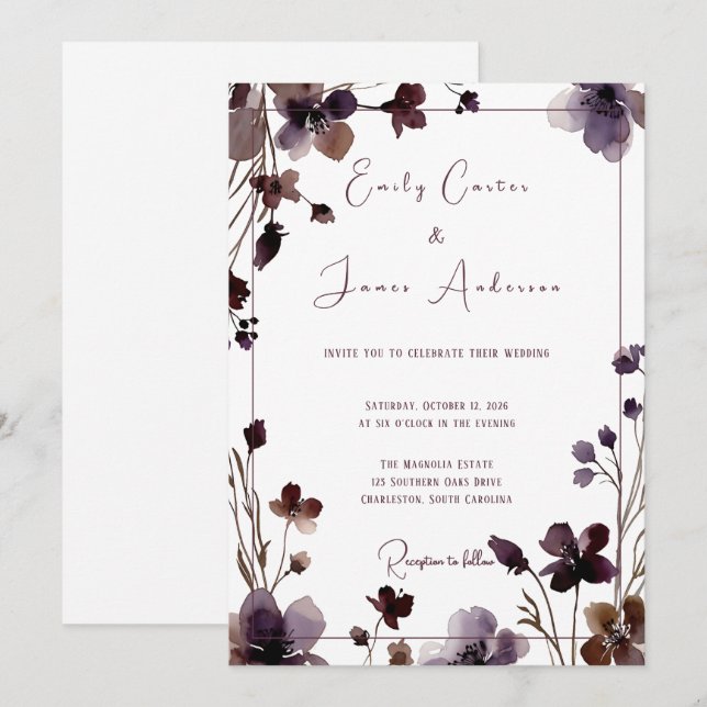Wine Red Plum Mauve Fall Floral Wedding Invitation (Front/Back)