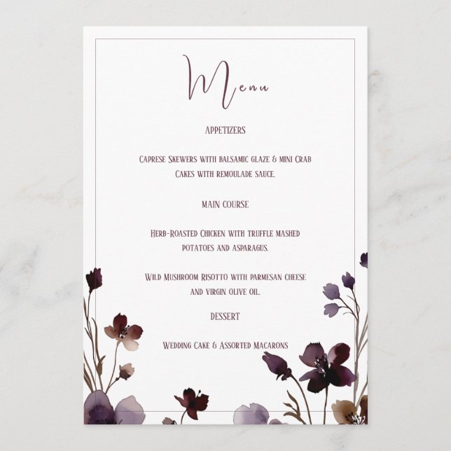 Wine Red Plum Mauve Fall Floral Wedding Menu (Front)