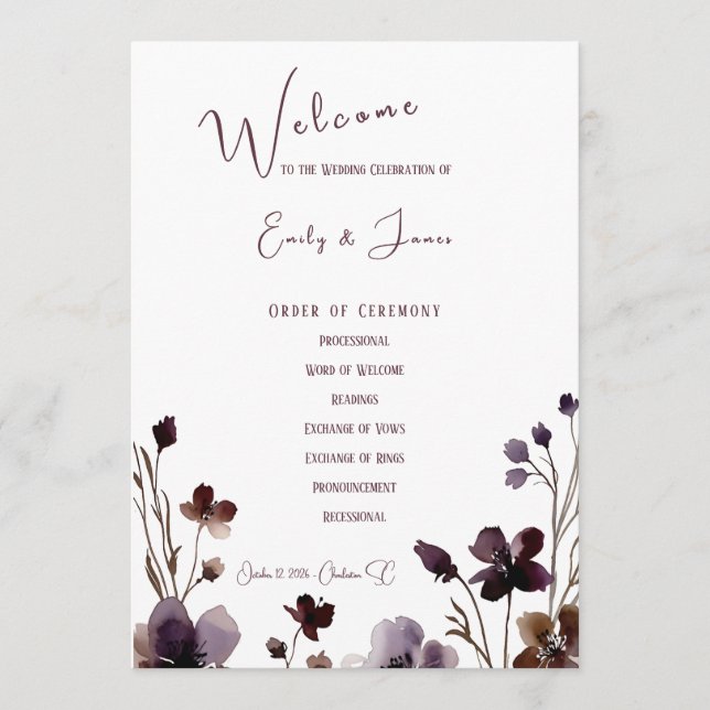 Wine Red Plum Mauve Fall Floral Wedding Program (Front)