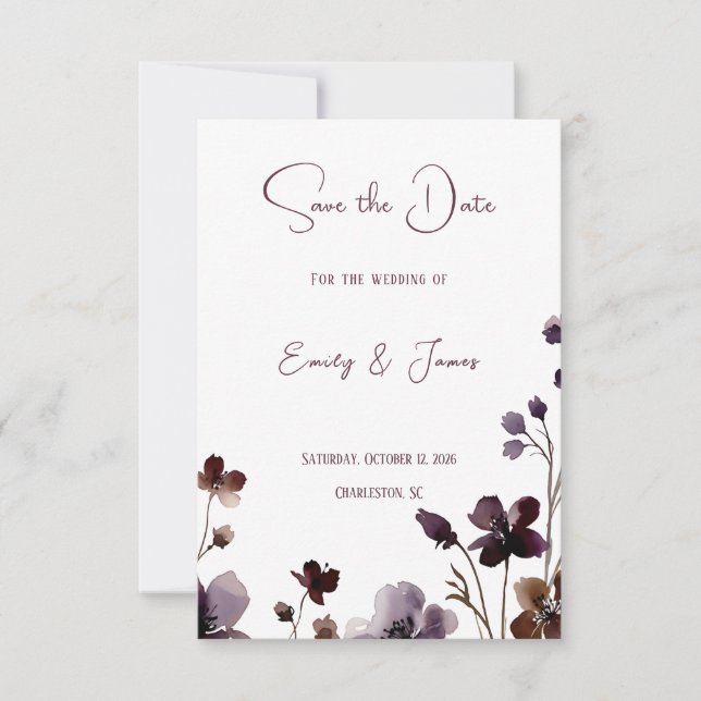 Wine Red Plum Mauve Fall Floral Wedding Save The Date (Front)