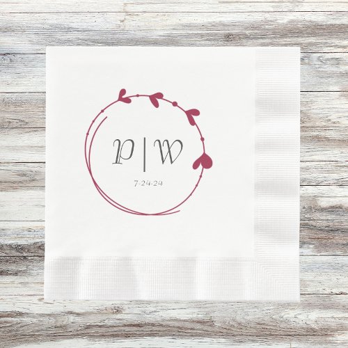 Wine Red Simple Heart Wreath Initials Wedding Napkins