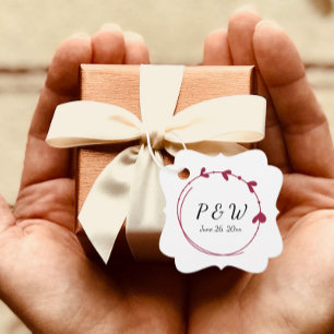 Wine Red Simple Heart Wreath Monogram Wedding Favor Tags