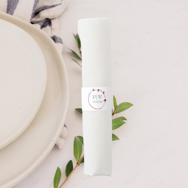 Wine Red Simple Heart Wreath Monogram Wedding Napkin Bands (In Situ Table Setting)