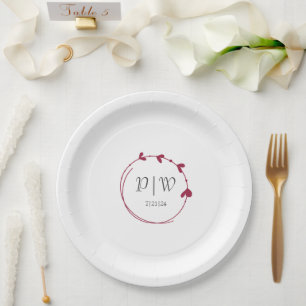 Wine Red Simple Heart Wreath Monogram Wedding Paper Plates