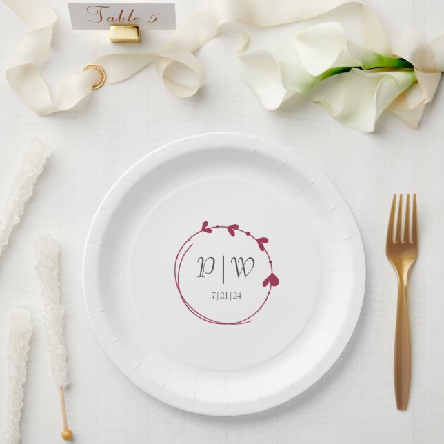 Wine Red Simple Heart Wreath Monogram Wedding Paper Plates (Wedding)