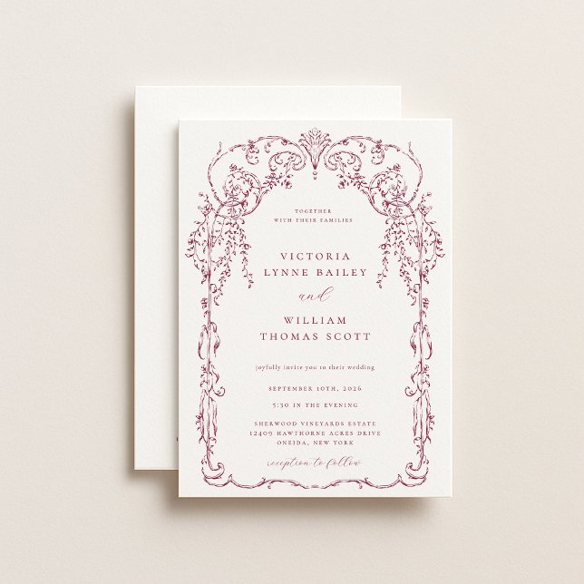 Wine Red Victorian Frame Wedding Invitation (Creator Uploaded)