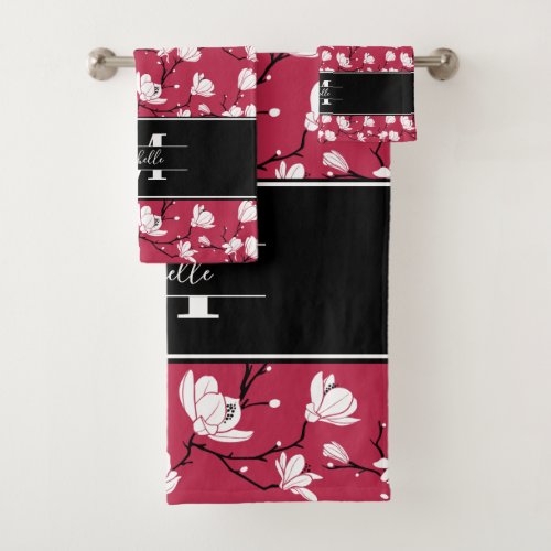 Wine Red Viva Magenta Monogrammed Magnolia Flower Bath Towel Set