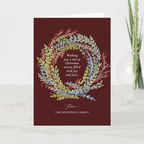 Wine Red Watercolor Christmas Wreath Holiday Card