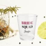 Wine Red Wedding Bride Squad Personalized Shot Glass<br><div class="desc">A great barware gift for the wedding bridesmaid squad attending a bachelorette party! Shot glass features modern style lettering with the word "Bride" printed in a wine red color along with bridesmaid's name printed in black,  stylized script. Personalize your shot glass by editing and replacing bridesmaid's name.</div>