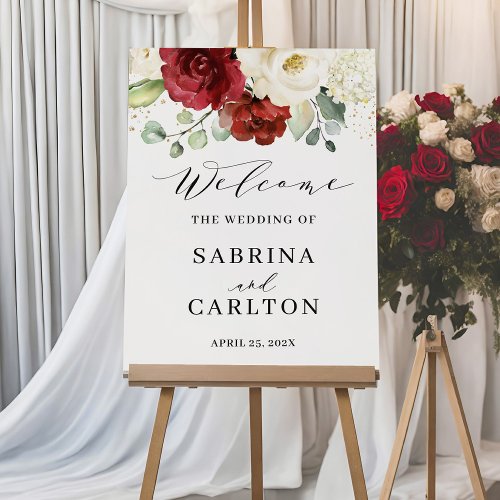 Wine Red White Floral Floral Wedding Welcome Foam Board