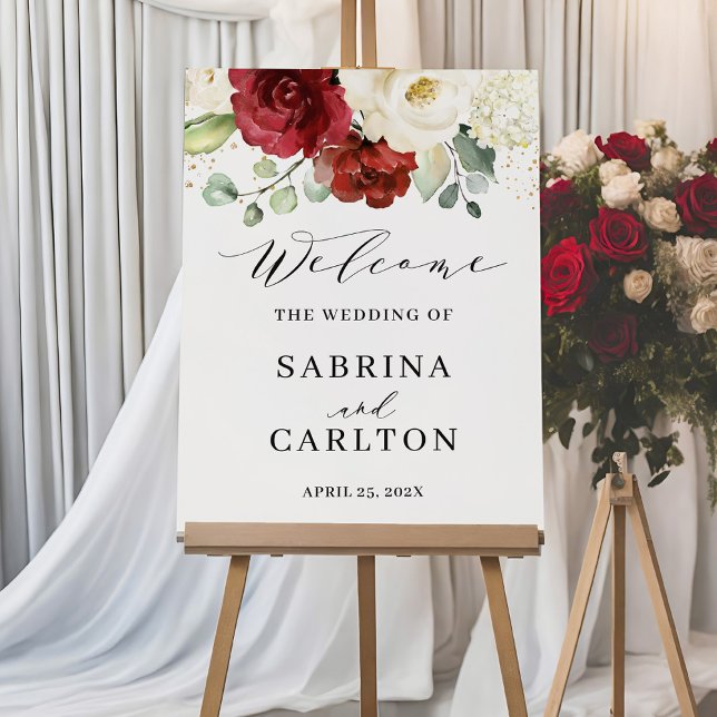 Wine Red White Floral Floral Wedding Welcome Foam Board (Creator Uploaded)