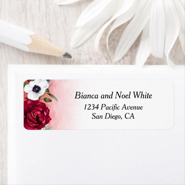  Wine Red White floral Return Address  Label (Insitu)