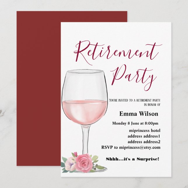 wine, retirement invitation, for woman invitation (Front/Back)