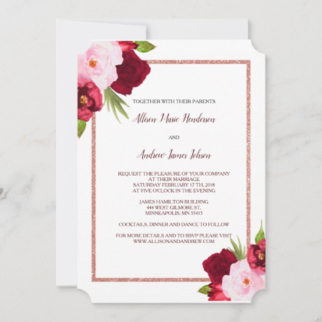 Wine Roses and Watercolor Wedding invitation (Front)