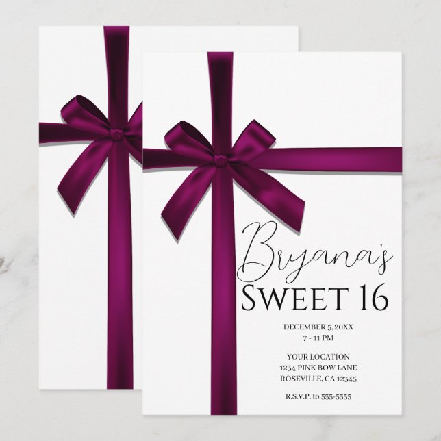 Wine Satin Ribbon Bow Sweet 16 Birthday Party  Invitation (Front/Back)