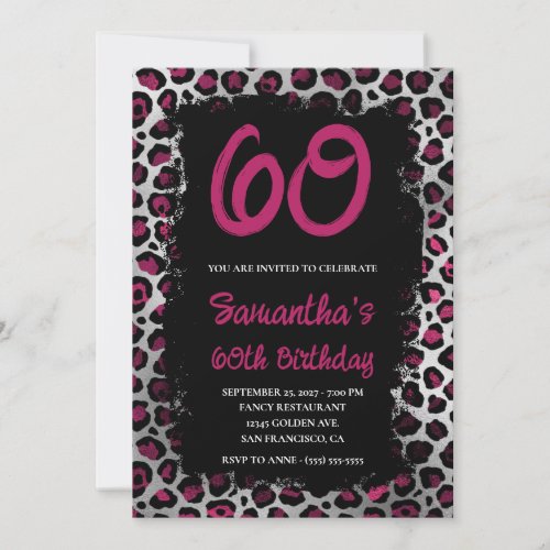 Wine Silver Leopard Painted Black 60th Birthday Invitation