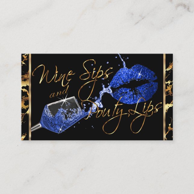 Wine Sips and Pouty Lips - Blue Business Card (Front)
