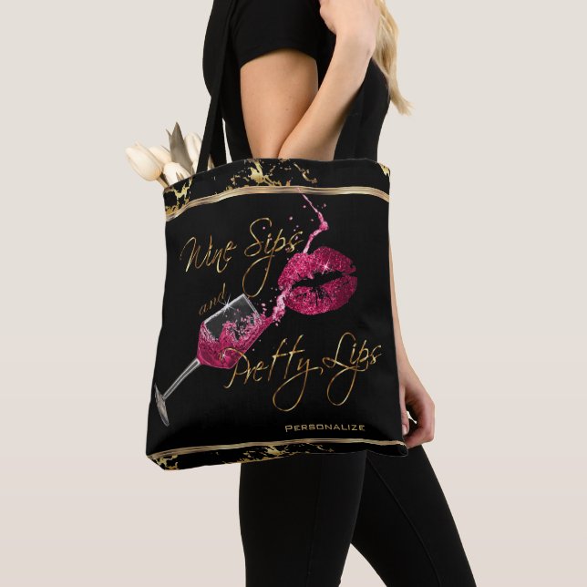 Wine Sips and Pretty Pink Lips - Marble Tote Bag (Close Up)