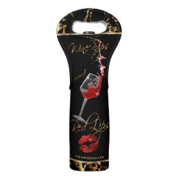 Wine Sips and Red Lips - Black and Gold Marble Wine Bag