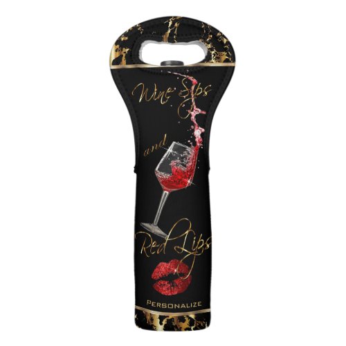 Wine Sips and Red Lips _ Black and Gold Marble Wine Bag