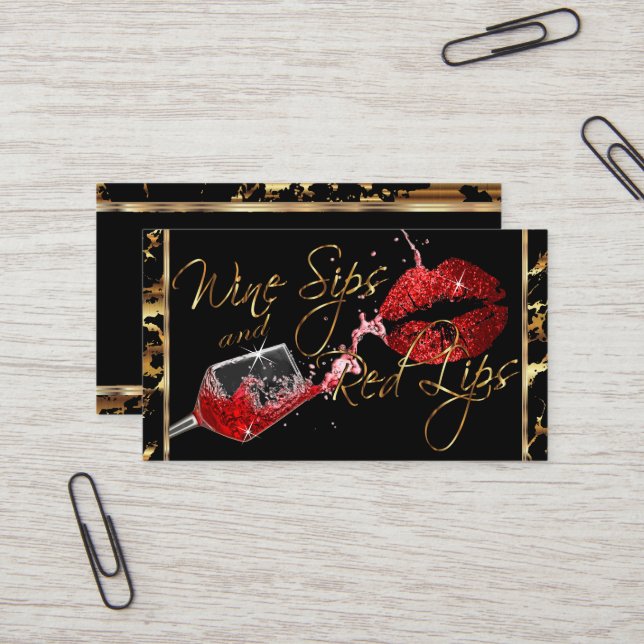 Wine Sips and Red Lips Business Card (Front/Back In Situ)